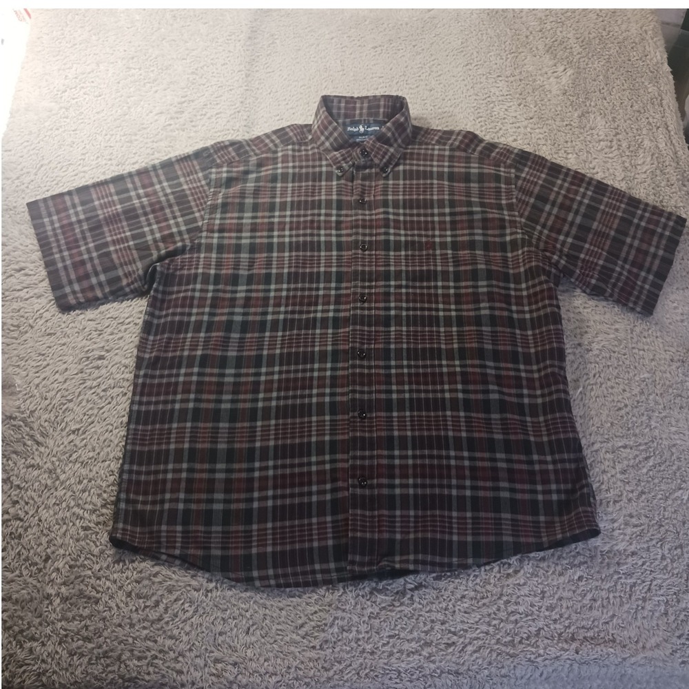 Ralph Lauren Black Label Plaid Shirt‎ Men's L Short Sleeve Button Up 100% Cotton